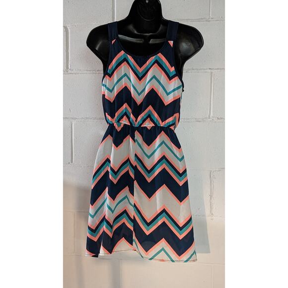 Rue21 Chevron Print Dress Sleeveless Navy Coral Teal White Mini Sundress Small - Picture 3 of 4